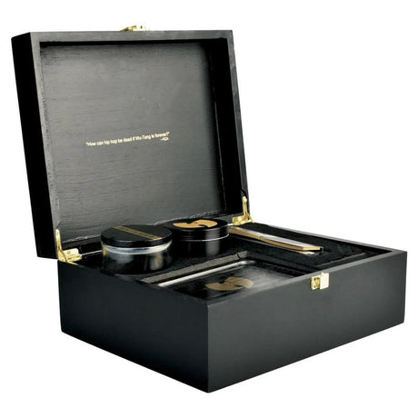 Wu-Tang Deluxe Smoker's Set open box view with jar, pollinator, tray, and papers in black