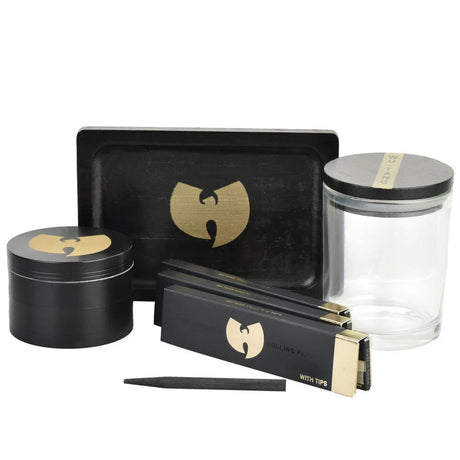 Wu-Tang Deluxe Smokers Set with black rolling tray, jar, pollinator, and papers on white background