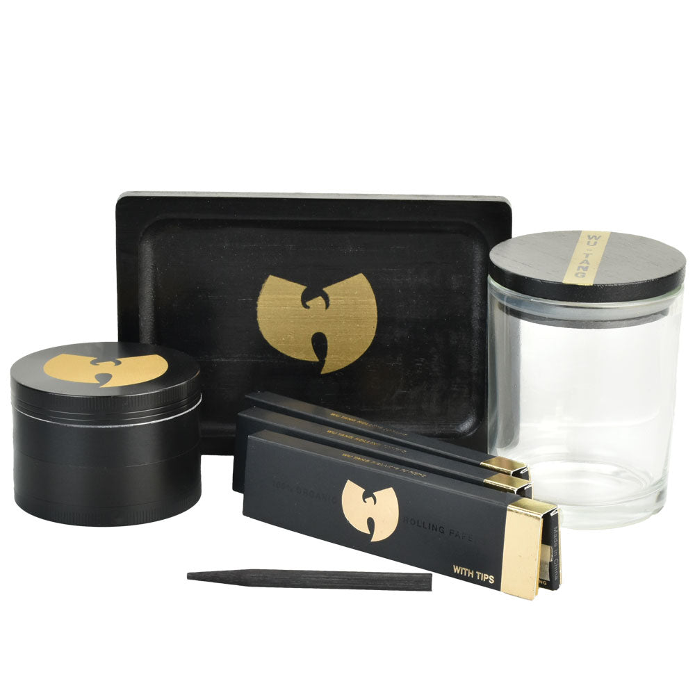 Wu Tang themed smokers kit including rolling tray, jar, grinder, and papers on white background