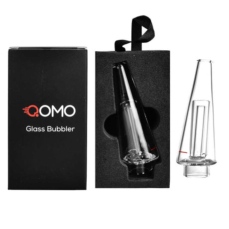 XMax Qomo Glass Bubbler Mouthpiece for E-Rigs, clear borosilicate glass, compact design, with packaging