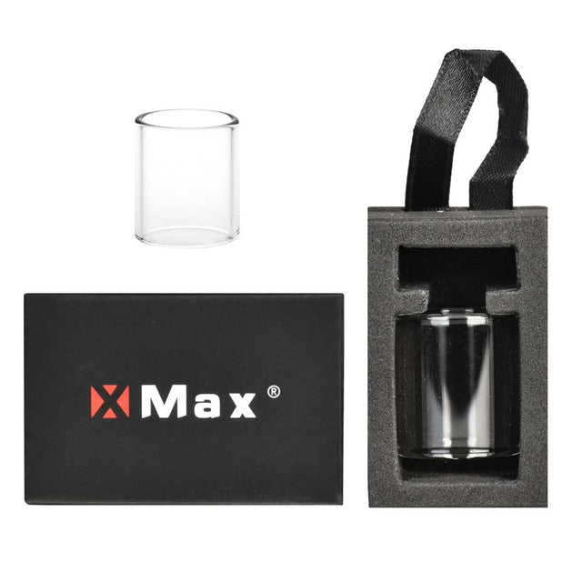 XMax Qomo clear borosilicate glass replacement tube for e-rigs, displayed with packaging