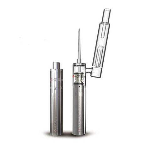 XVape V-One 2.0 Kit in silver with pen and bubbler attachment for concentrates, front view