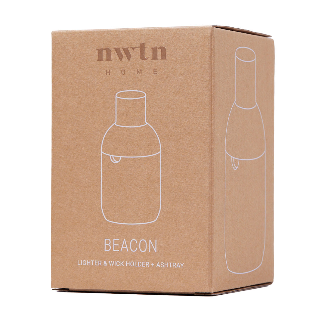 NWTN Home Beacon Lighter Ashtray packaging, front view with product line art on brown box