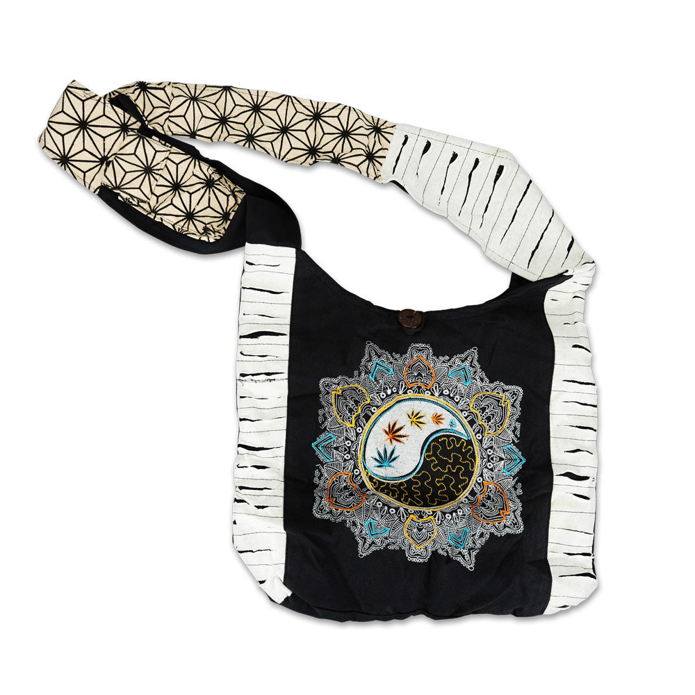 Yin Yang Hemp Leaf Mandala Sling Bag, 15" x 15", front view on white background