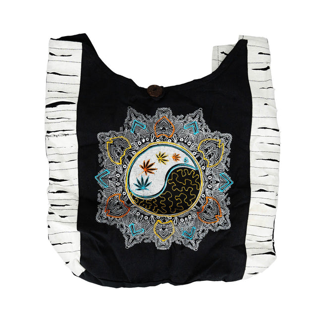 Black Hemp Yin Yang Mandala Sling Bag with Hemp Leaf Design, 15" x 15" Front View