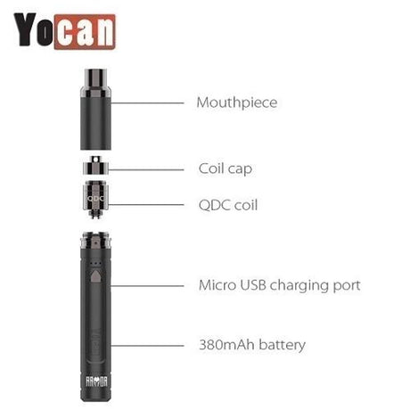 Yocan Armor Wax Vaporizer in Black with QDC Coil and USB Charging Port - Exploded View