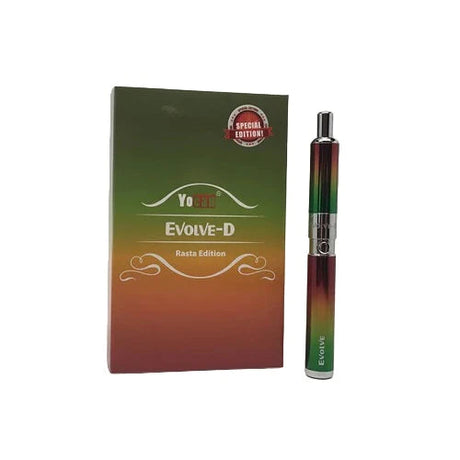 Yocan Evolve-D Dry Herb Vaporizer in Rasta colors, front view with packaging, portable 650mAh battery