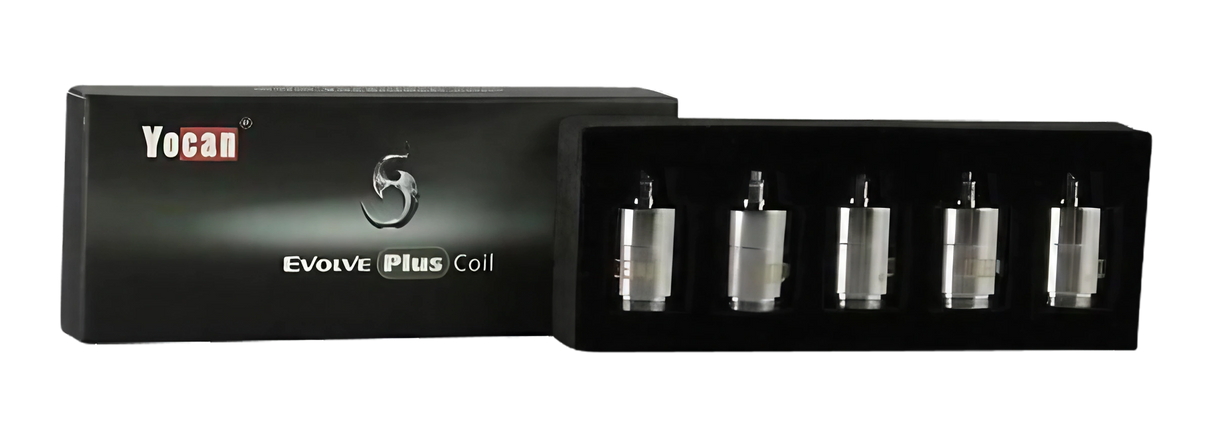 Yocan Evolve Plus 5-pack of ceramic donut coils, portable and easy for travel, front view on black background