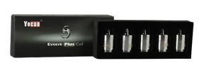 Yocan Evolve Plus 5-pack of ceramic donut coils, portable and easy for travel, front view on black background