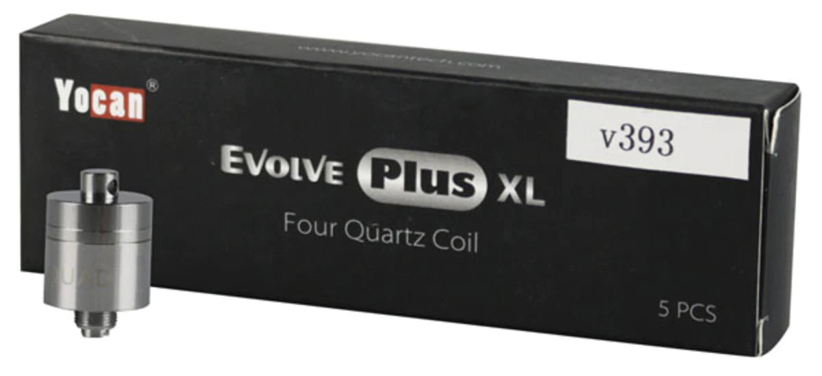 Yocan Evolve Plus XL Replacement Coils in Silver, 5 Pack, shown with box, portable design for vaping