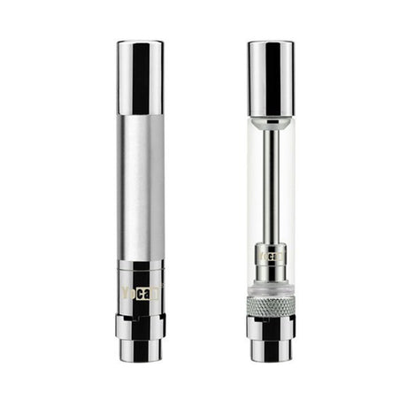 Yocan Hive 2.0 silver atomizer/cartridge 5-pack for oils, front and side views, compact design