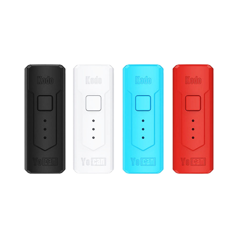 Yocan Kodo 510 Box Mods in black, white, blue, and red with 400mAh battery and preheat function