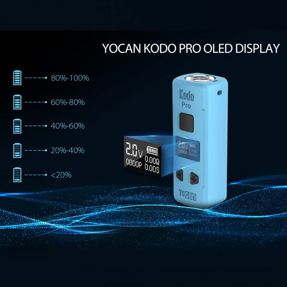Yocan Kodo Pro 510 Box Mod in blue, 400mAh with OLED display, side view on digital background