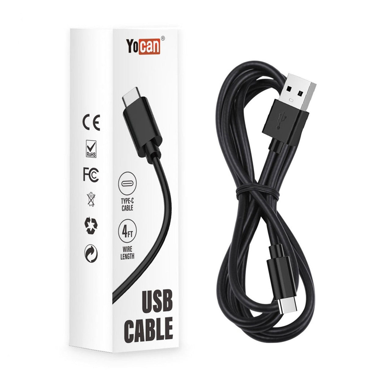 Yocan Type C Charge Cable 4ft - 10 Pack Display, Portable Black USB Cable for Vaporizers