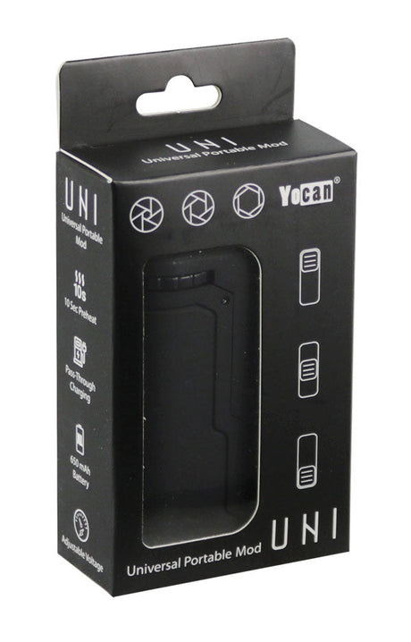 Yocan UNI Box Mod in packaging, portable 650mAh battery for vaporizers, front view