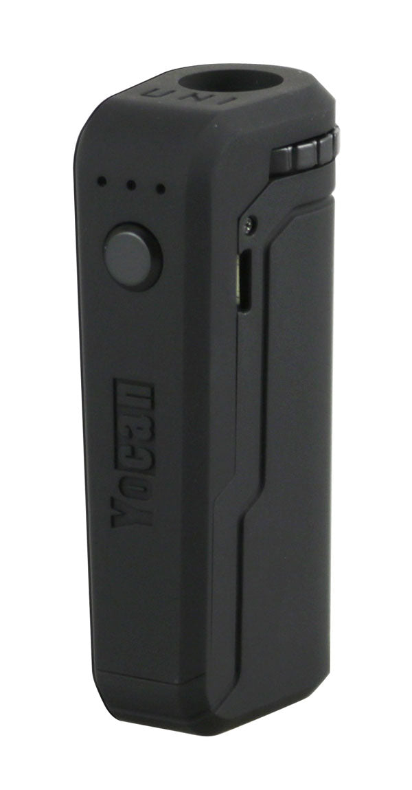 Yocan UNI Box Mod in black, compact 650mAh battery, side view, portable vape accessory