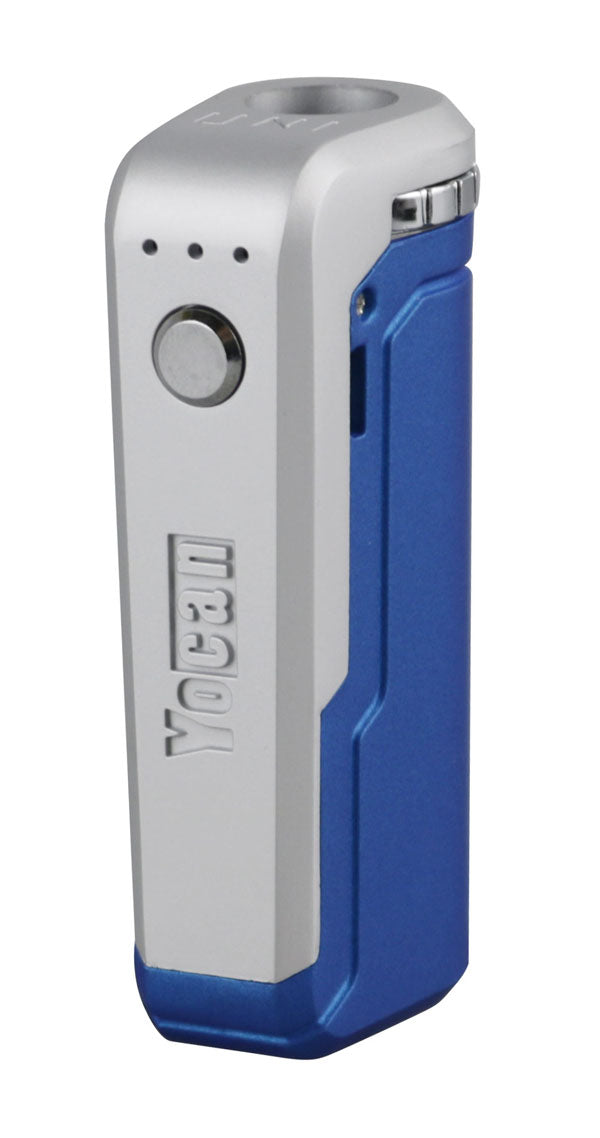 Yocan UNI Box Mod in blue, 650mAh battery, portable design, front view on white background