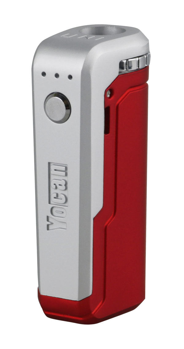 Yocan UNI Box Mod in red and silver, portable 650mAh battery, side view on white background