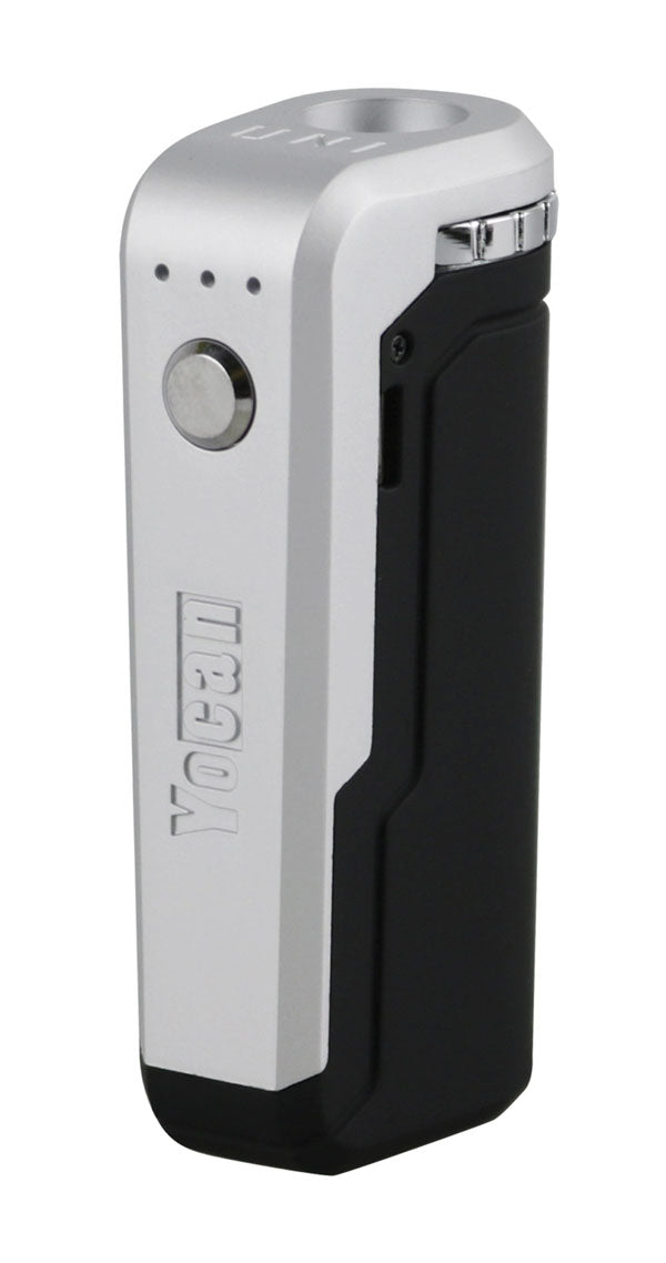 Yocan UNI Box Mod in Black and Silver, Portable Vape Battery, Side View on White Background
