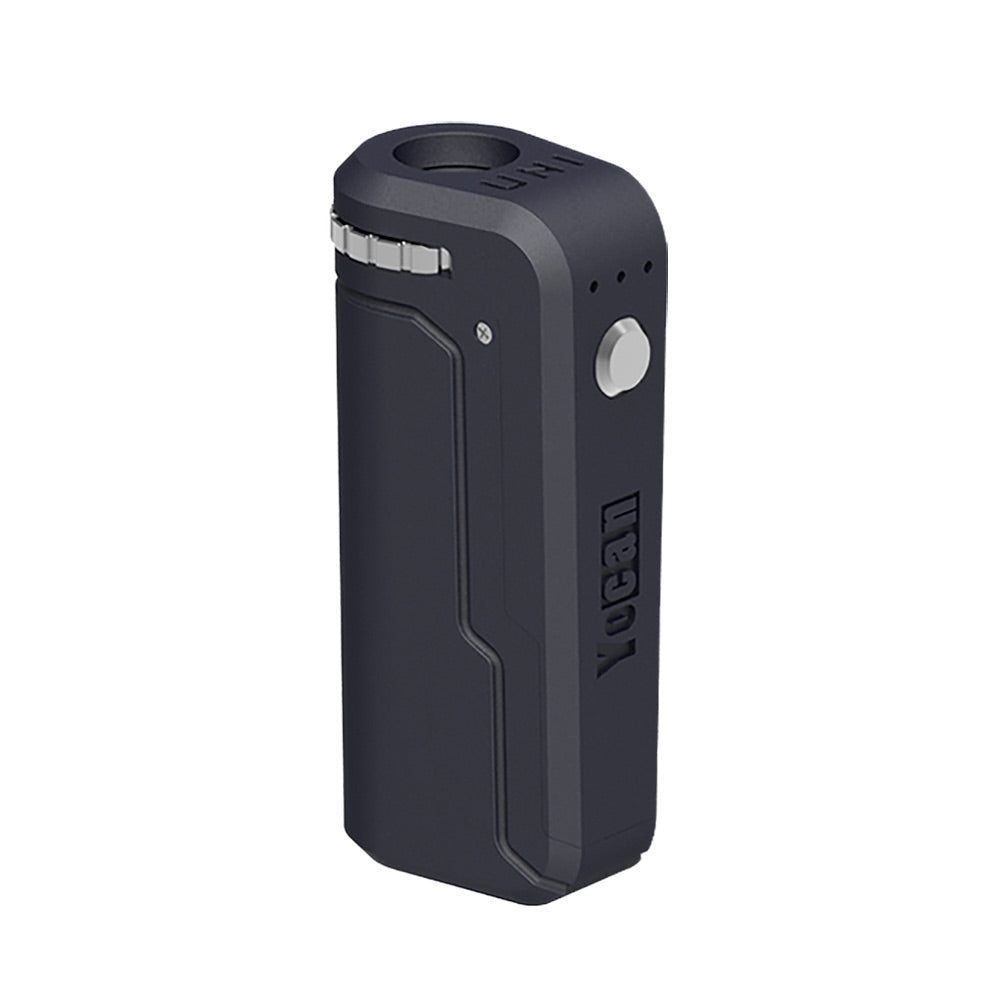 Yocan UNI Box Mod in Black, compact battery for vaporizers, side view on white background