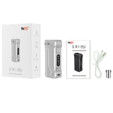 Yocan UNI Pro Box Mod in silver with packaging, USB cable, and manual, portable design for vaping