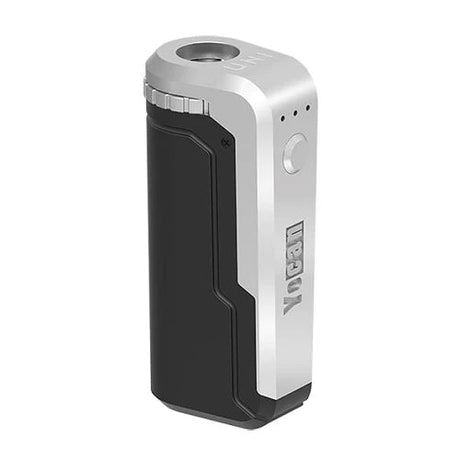 Yocan UNI Box Mod in black and silver, portable design, 650mAh battery, front view on white background