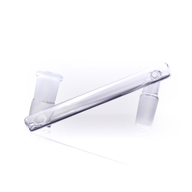 Z Glass Dropdown Adapter, clear borosilicate, 14mm female to 14mm male, angled side view