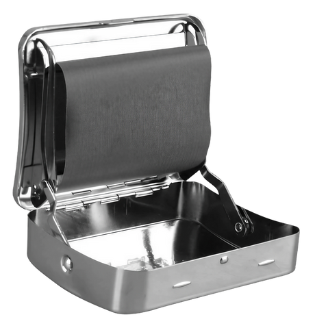 Zen Metal Auto-Roll Box open view, portable silver rolling machine for dry herbs
