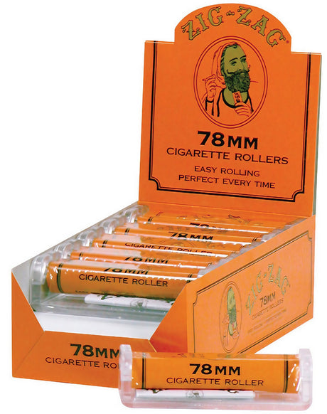 Zig Zag 78mm Cigarette Rollers 12 Pack, clear and orange, portable design displayed in open box