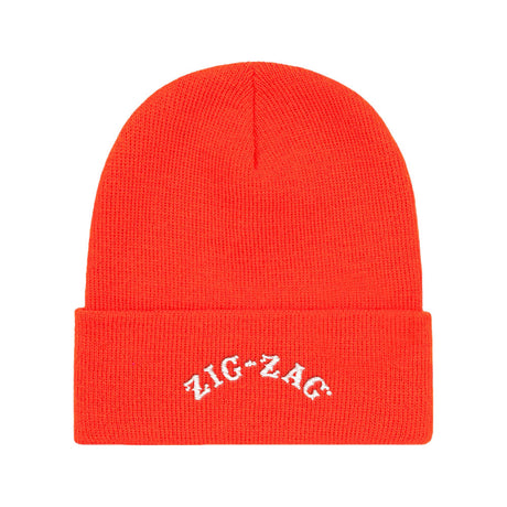 Zig Zag Embroidered Logo Beanie in Orange, Acrylic Unisex Cap, Front View on White Background