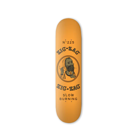 Zig Zag Logo Orange Skateboard Deck, Top View, featuring iconic branding and durable wood construction.