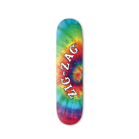 Zig Zag Logo Skateboard Deck in Tie Dye Design, Front View on Black Background