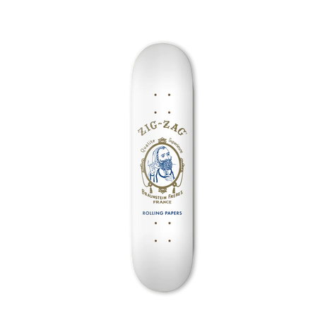 Zig Zag Logo White Skateboard Deck Top View, Classic Branding, Home Decor