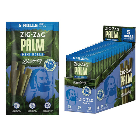 Zig Zag Mini Palm Roll 5-pack with Blueberry flavor in display box, ideal for dry herbs, compact design