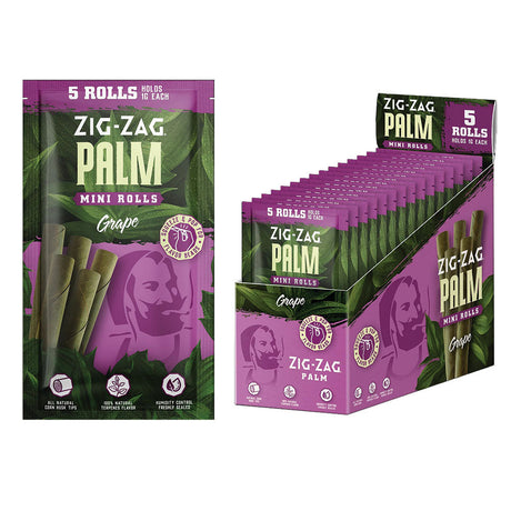 Zig Zag Mini Palm Rolls in Grape flavor, 5-pack displayed with 15pc box, ideal for dry herbs