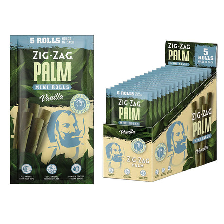 Zig Zag Mini Palm Rolls in Vanilla flavor, 5-pack bundle and 15pc display box, compact design for dry herbs