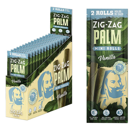Zig Zag Mini Palm Rolls in Vanilla flavor, 2-pack, displayed in a 15pc box, compact and portable design