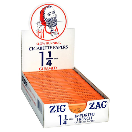 Zig Zag Orange 1 1/4 Inch Rolling Papers Display Box Front View, Portable and Compact