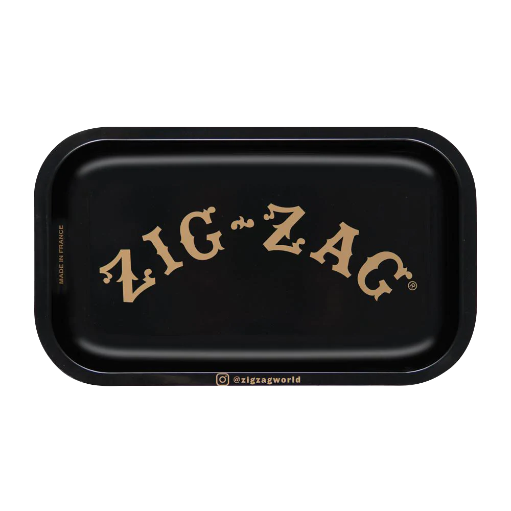 Zig Zag Small Metal Black Rolling Tray with iconic logo, top view, 10" x 6" size, durable steel construction