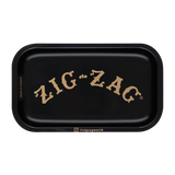 Zig Zag Small Metal Black Rolling Tray with iconic logo, top view, 10" x 6" size, durable steel construction