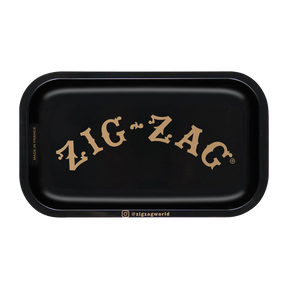 Zig Zag Small Metal Black Rolling Tray with iconic logo, top view, 10" x 6" size, durable steel construction
