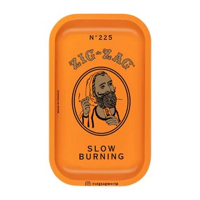 Zig Zag Small Metal Orange Rolling Tray with iconic logo, compact 10" x 6" size, top view
