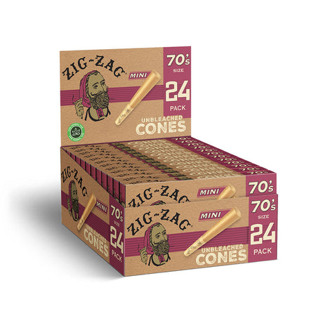 Zig Zag Unbleached Mini Cones 24pk displayed in 12pc box, perfect for dry herbs, portable size