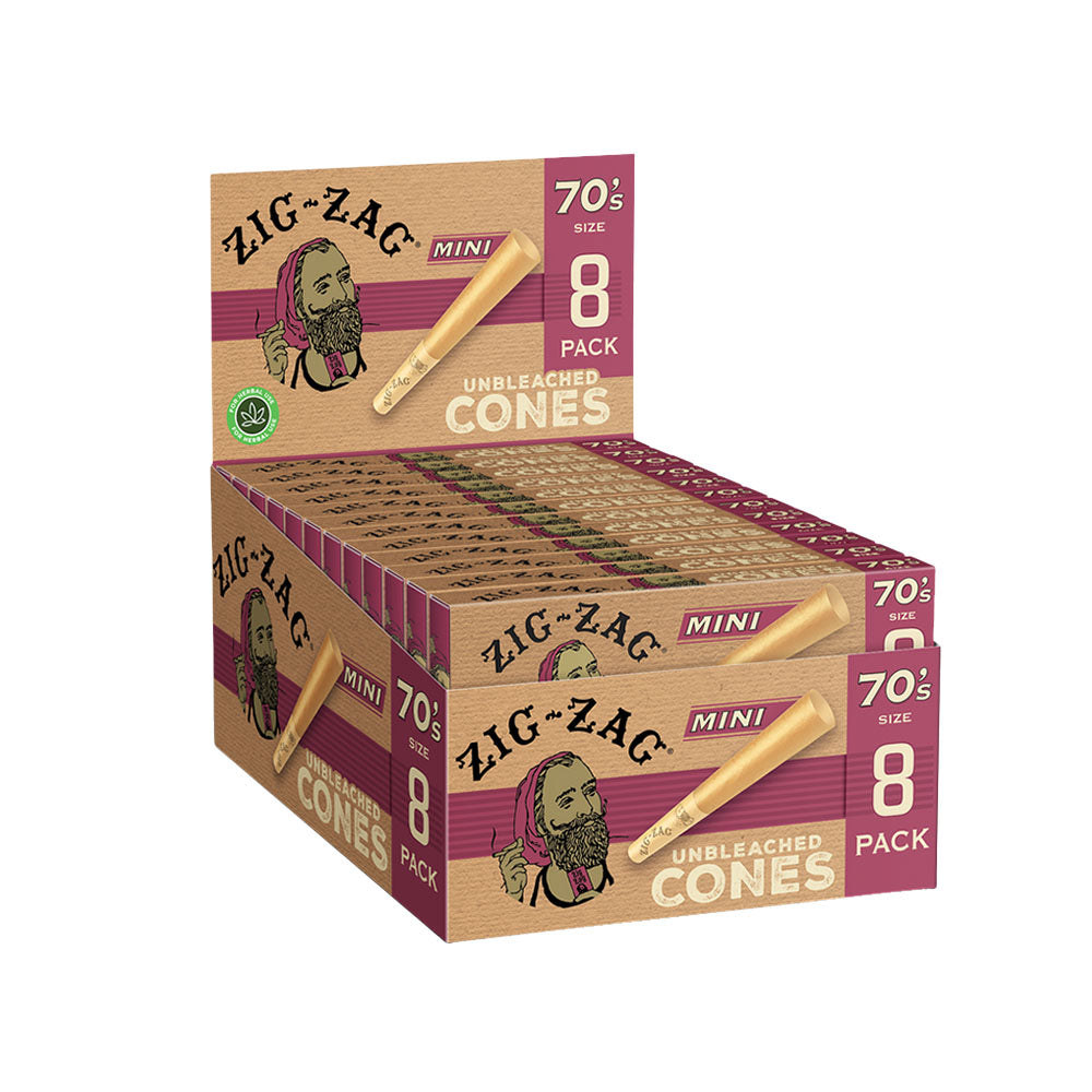 Zig Zag Unbleached Mini Cones 70mm in a brown and purple box, portable size, front view