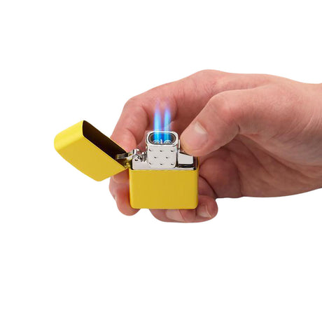 Zippo Dual Torch Lighter Insert in hand, flame ignited, showcasing portable design