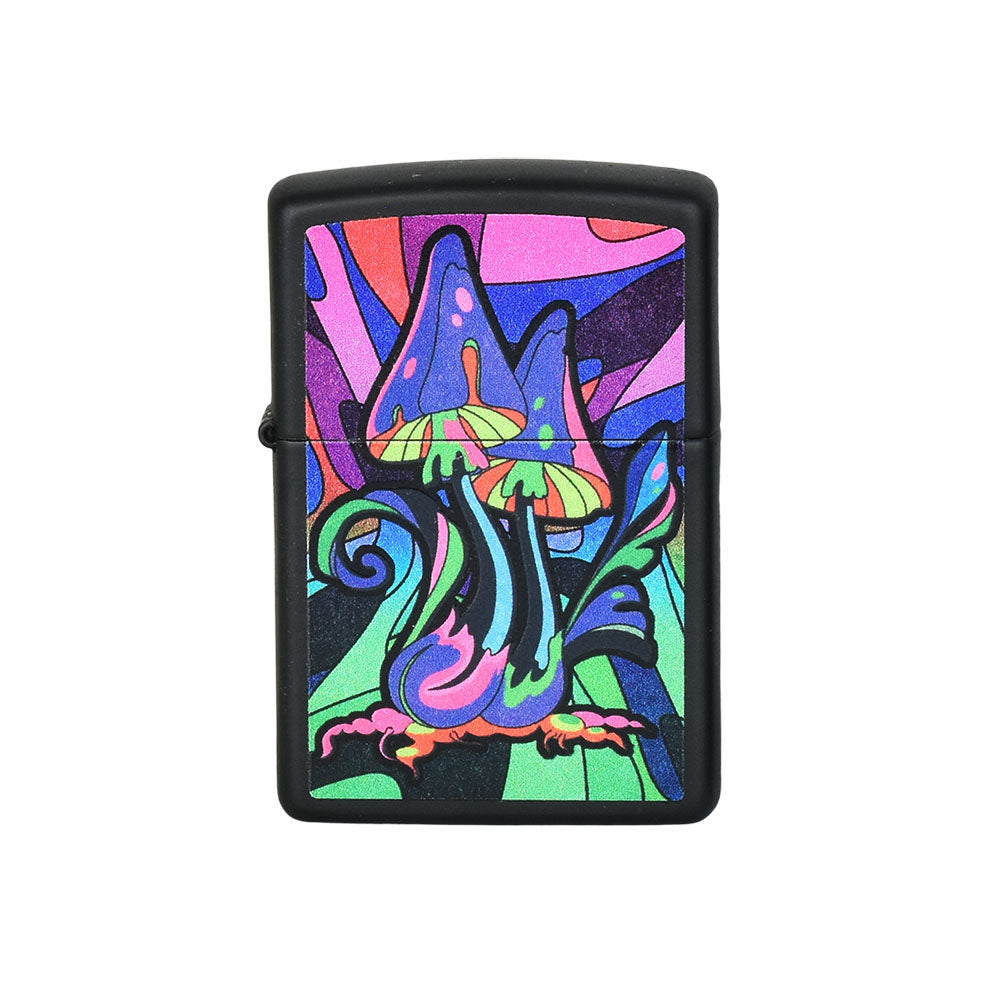 Zippo Lighter with vibrant 420-themed psychedelic mushroom design, compact and portable, front view