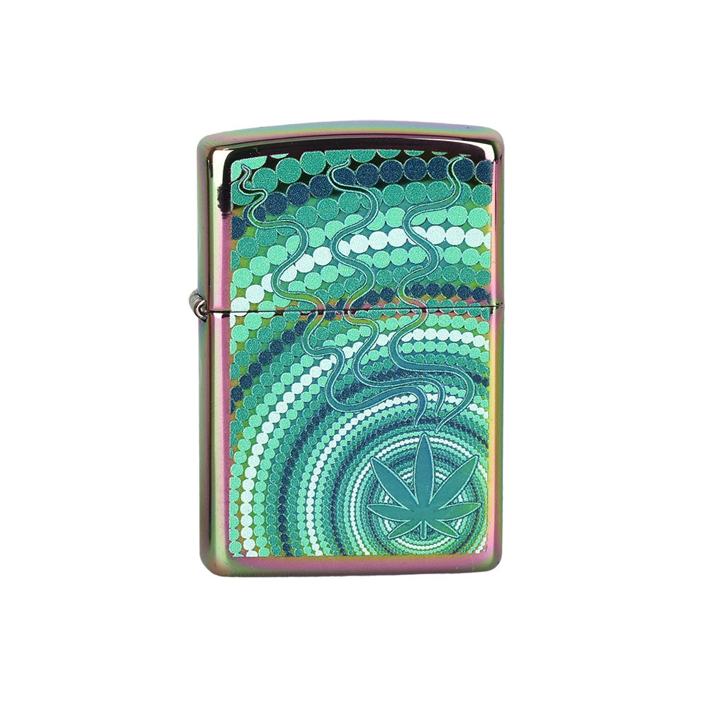 Zippo Lighter with Assorted 420 Designs, Front View on Seamless White Background