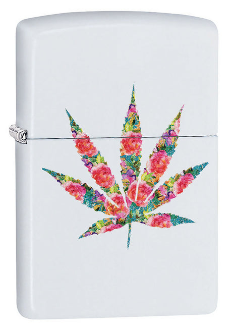 Zippo Lighter with Floral Hemp Leaf Design - Portable Metal Lighter, Front View