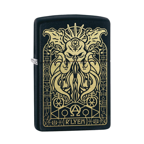 Zippo Lighter featuring Lovecraft Monster design, compact and portable, in black steel with gold accents.