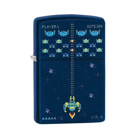 Zippo Lighter with Pixel Game Design in Navy Matte, Portable Metal Lighter, Front View